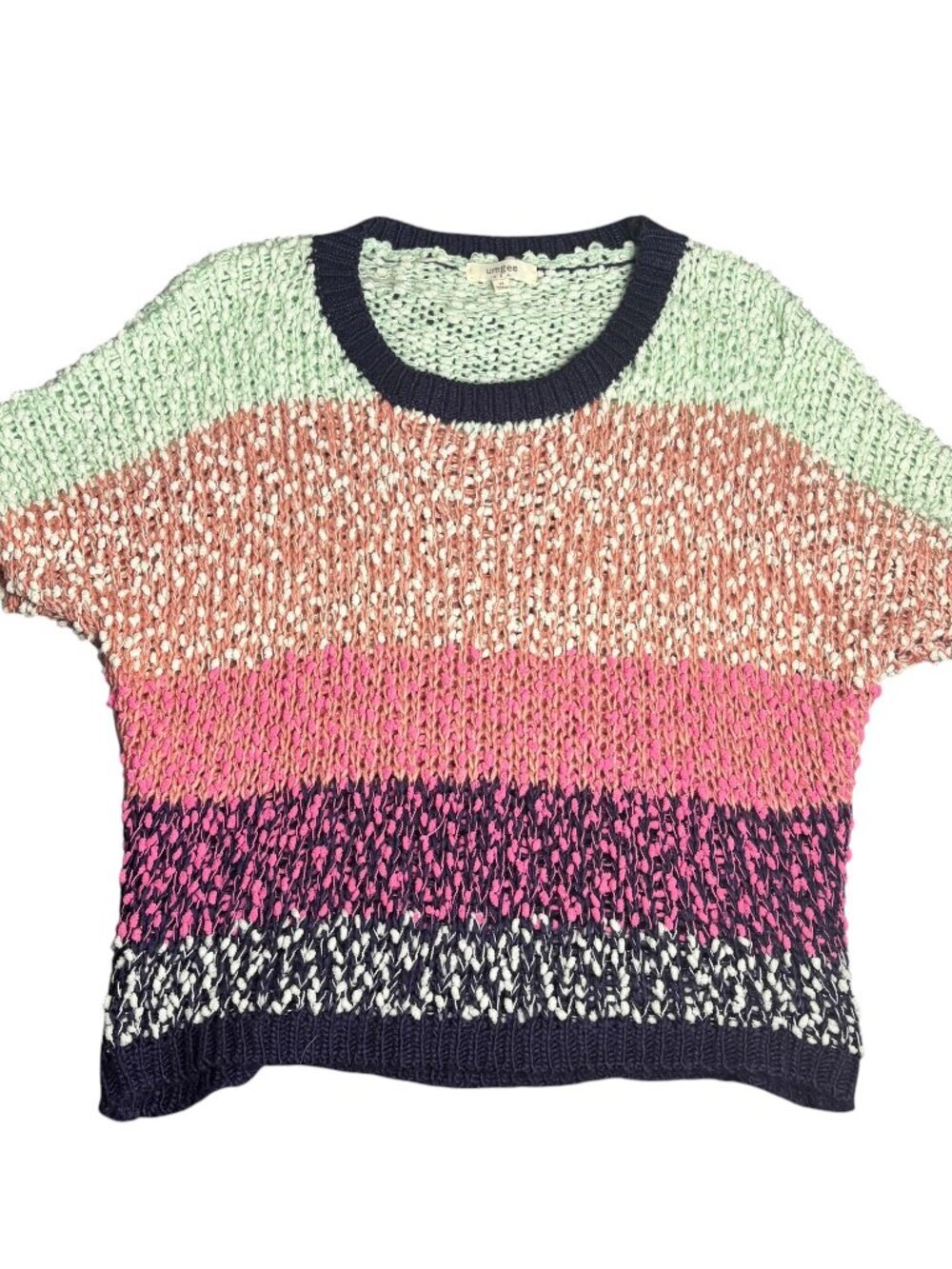 Umgee Size M Short Sleeve Sweater Chunky Knubby Knit Colorful Stripes Boxy Cozy